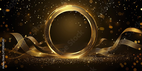 golden shining circle, light background and golden ribbon, in glowing 3D objects