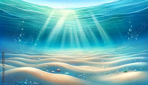 Vibrant and clear underwater ocean floor illustration, an ideal sandy setting for storytelling in kids' literature, crafted by Generative AI. 
 photo