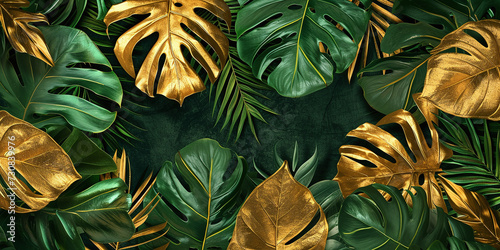 Gold colored tropical leaves on black background.