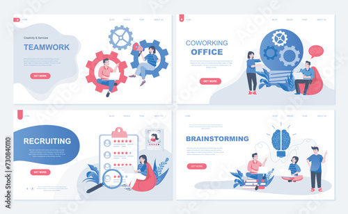Coworking office and teamwork web concept for landing page in flat design. Staff team working and brainstorming, company employment, recruiting. Vector illustration with people characters for homepage
