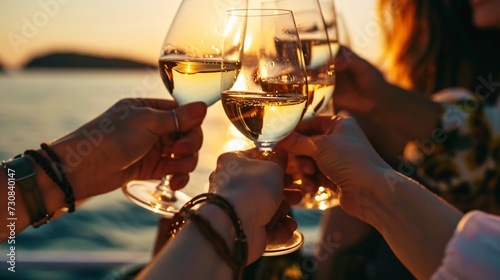 A clique of female friends cheers with goblets of white vino during sunset, close-up view.