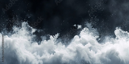 Minimalistic horizontal design featuring a white powder snow cloud burst against a dark backdrop.