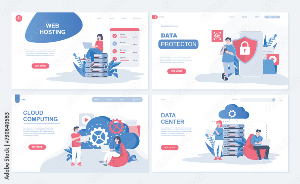 Cloud computing and web hosting concept for landing page in flat design. Users computing online and datacenter service with data protection. Vector illustration with people characters for homepage