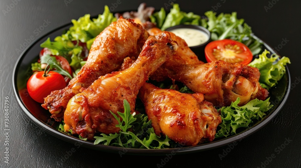 Fried Chicken tenders on dark background. Realistic fried chicken with greens on plate, detailed. For grocery product, sale, package, advert. Fried Chicken tenders on dark background. Realistic fried chicken with greens on plate, detailed. For grocery product, sale, package, advert.