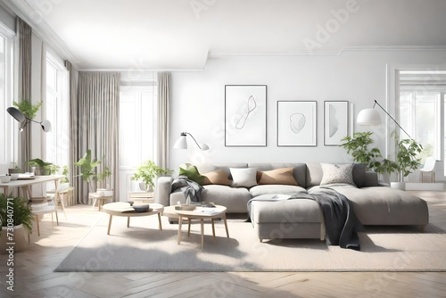 A 3D rendering captures the essence of modern living, featuring an uncluttered space, Scandinavian design elements, and an inviting empty wall with a white frame.