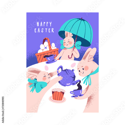 Happy Easter card. Cute rabbits drink tea. Funny bunnies with egg basket having dinner. Fairytale paschal celebration. Lovely hare with bow pours in cup from teapot. Childish flat vector illustration