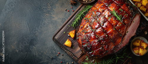 Easter ham is made with brown sugar, honey, mustard, and sometimes cloves or pineapple. photo
