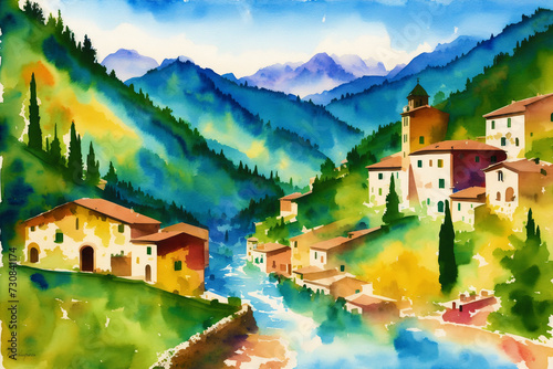 A watercolor town. Italy, Spain, France. Watercolor Painting of a Serene Mediterranean Town. Generative AI