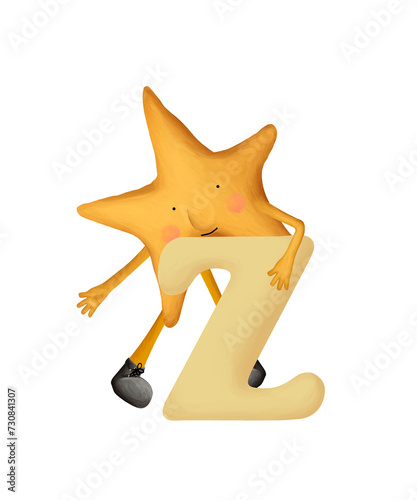 Bright cartoon alphabet. Cute and funny star with letter Z. Illustration for kids on white background