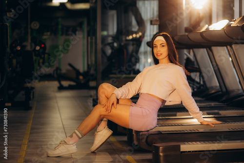 Young sexy fitness girl in sport wear relaxing on the treadmill in the gym, woman exercise working out sitting on runnig machine photo