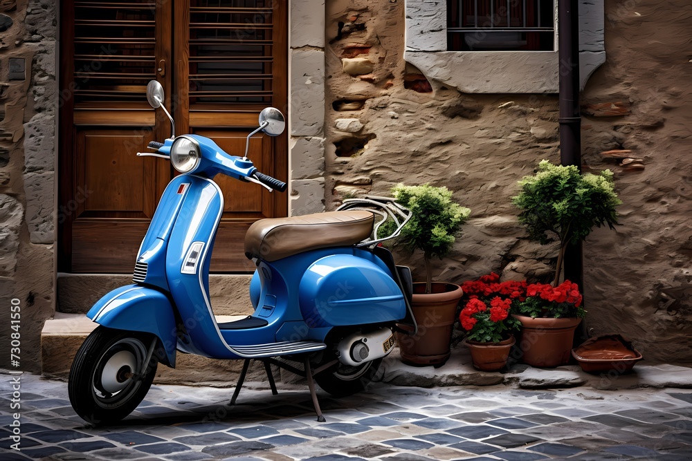 Timeless appeal of a blue scooter parked on the cobblestone streets of an Italian village, capturing the essence of a leisurely afternoon in a quaint setting