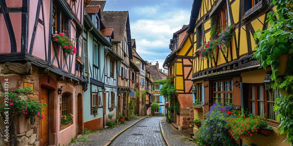 Obraz premium Vibrant historic half-timbered homes in a picturesque French village.