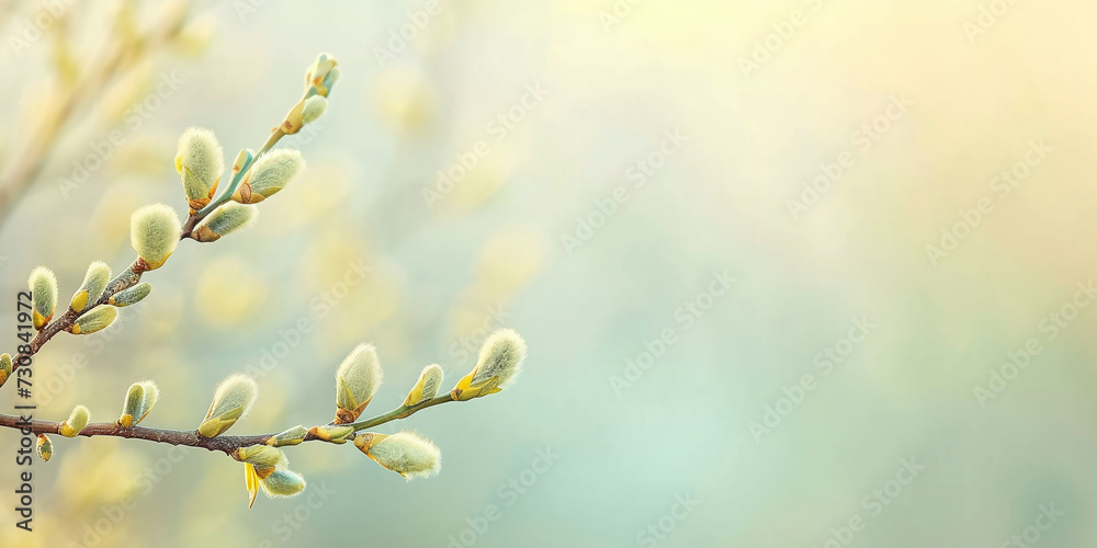 Fototapeta premium willow branch on pastel background, copy space
