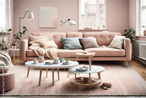 Transport yourself to a Scandinavian-inspired living room featuring a plush sofa and a sleek coffee table, surrounded by gentle pastel hues and an empty wall for your artistic imagination. © Tae-Wan