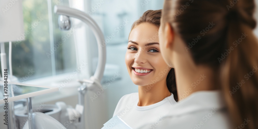 Fototapeta premium A woman and dentist examine smile after teeth cleaning and orthodontic consultation.