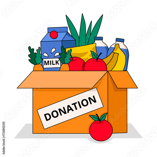 Box with items for donation. Help. Food. Fruits, vegetables, cereals, herbs, milk, water. Vector graphic.