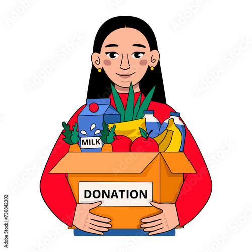 Woman holds a box with things for donation. Help. Food. Fruits, vegetables, cereals, herbs, milk, water. Vector graphics.