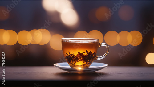 glass Cup with green tea in light blur bokeh background. AI generated