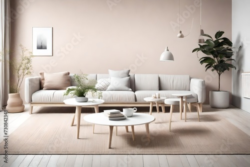 Embrace the simplicity of Scandinavian design a?" a serene living room featuring a basic sofa and coffee table against an empty wall mock-up in soothing pastel colors.