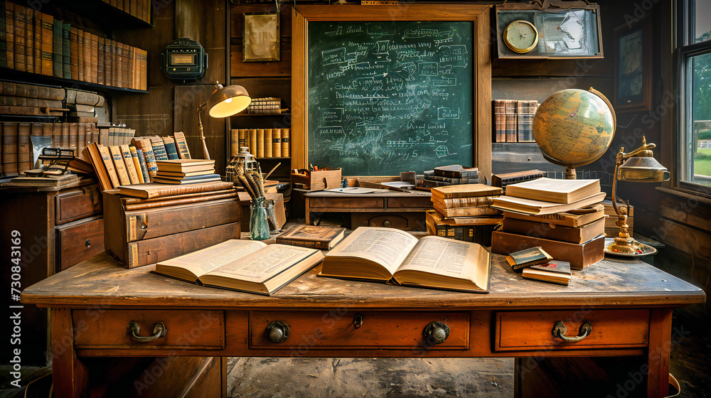 A vintage classroom setting with antique wooden desks and a blackboard, evoking the charm and simplicity of early education - obrazy, fototapety, plakaty 