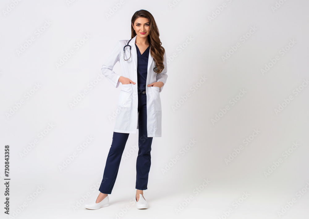 A female pharmacist is posing in a studio, generative ai A female pharmacist is posing in a studio, generative ai