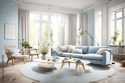 Airy living room with pastel blue accents, embodying the essence of Scandinavian style with clean lines and natural light. © Tae-Wan