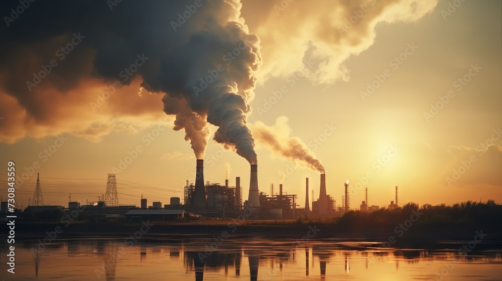 Enterprises, factories with thick smoke against the sky at sunset. Pollution of the environment by waste, exhaust gases from chimneys. Environmental issues, Climate change and global warming concepts