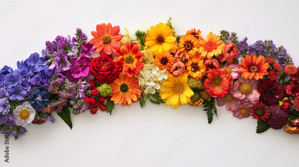 Summer flowers rainbow colored arch on a white background Summer flowers rainbow colored arch on a white background
