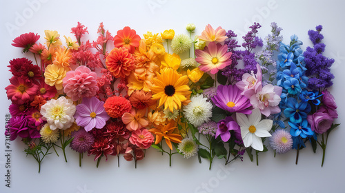 A vibrant arrangement of diverse flowers in rainbow shades on a white background, showcasing the beauty and harmony of nature.
