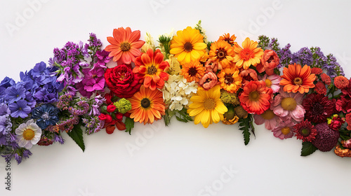 Summer flowers rainbow coloured arch on a white background