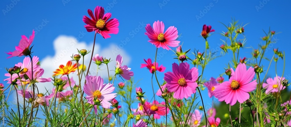 Bright, vibrant cosmos flowers bloom in a garden under a blue sky, surrounded by green leaves.