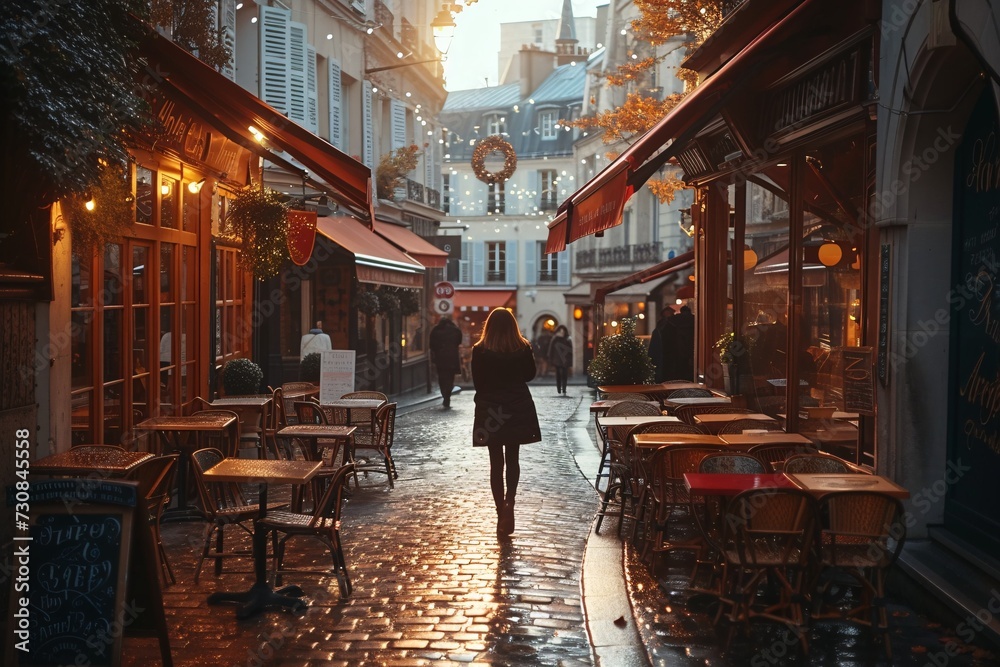 A glimpse of a quaint French bistro and a lady strolling through a Parisian street in the early hours.