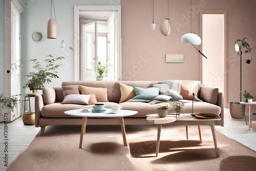 Step into a refined Scandinavian living space featuring a comfortable sofa and coffee table duo, complemented by a palette of gentle pastels, with an empty wall ready for your artistic flair.