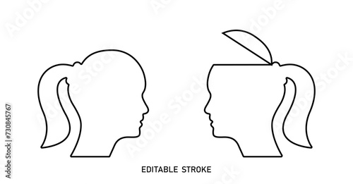Editable stroke open mind head, woman character vector illustration set. Idea concept illustration to use in business, logical thinking, open mind and knowledge concept projects and presentations. 