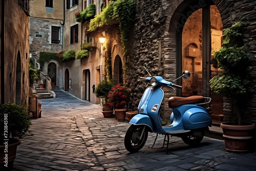 Tranquil setting of a small Italian village  featuring a blue scooter casually parked along the cobblestone streets  radiating a timeless appeal