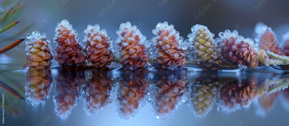 Water reflects frost-covered seed cones in autumn, up close. Water reflects frost-covered seed cones in autumn, up close.
