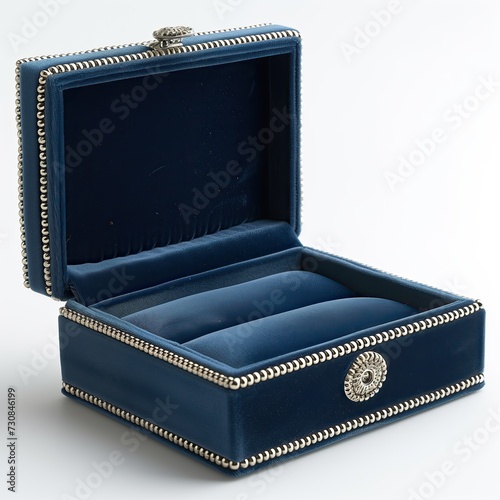 Estuche para sortijas o juntas, dijes, broches, joyas pequeñas, forrado en terciopelo azul, ribete de plata, con cierre botón, fondo blanco, recurso gráfico, joyerías, pedida de mano, matrimonio, aros