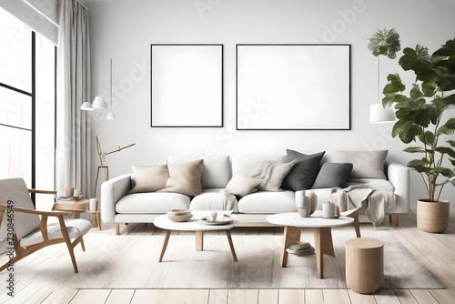 Delight in the simplicity of a minimalist living room, adorned with Scandinavian design elements, an empty wall mockup, and a white blank frame poised for customization.