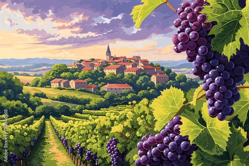 Burgundy vineyard in France, wine sampling, renowned grapes graphic, depiction of Bordeaux landscape, tranquil natural winery, delectable French wines, cabernet red wine harvest.