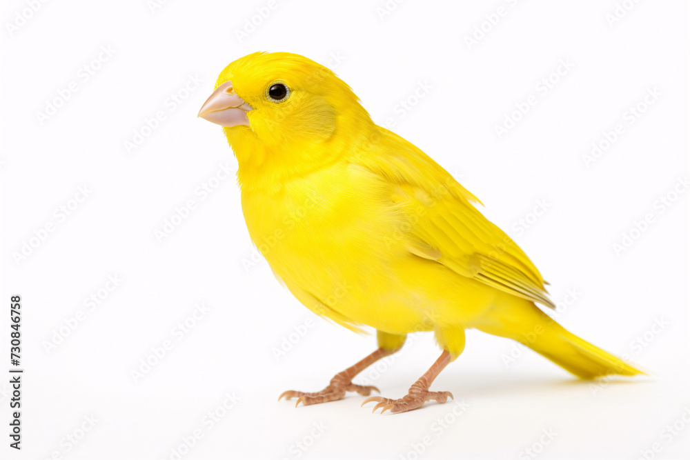 A lone, saffron-hued canary captured in a studio setting against a pristine white backdrop. A lone, saffron-hued canary captured in a studio setting against a pristine white backdrop.