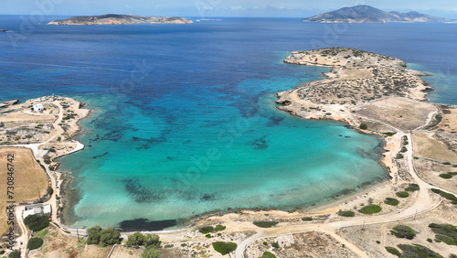 Aerial drone photo of paradise beach of Almiros in small island of Schoinousa, Small Cyclades, Greece