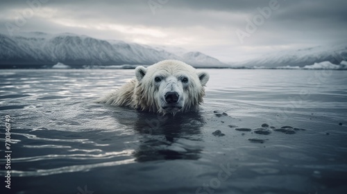 A polar bear in melted water in the Arctic. Environmental issues, Climate change and global warming concepts. photo