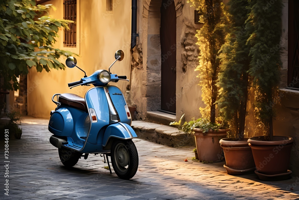Vintage-style blue scooter resting on the side of a picturesque alley in a quiet Italian village, with sunlight casting a warm glow on the scene