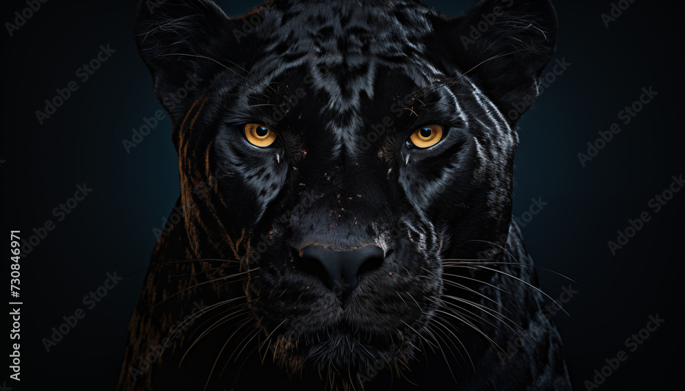 A fierce and majestic big cat with piercing yellow eyes, the black panther prowls through the dark wilderness with its sleek snout and delicate whiskers, embodying the wild and untamed spirit of the 