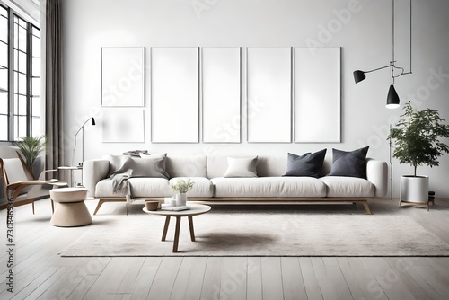Embrace simplicity with a minimalist living room backdrop  adorned with a blank white frame on the wall  echoing the beauty of Scandinavian interior design.