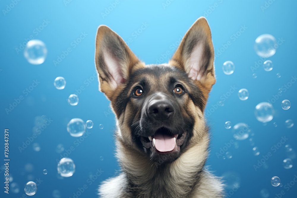A majestic german shepherd gleefully plays in the refreshing water, surrounded by shimmering bubbles, embodying the perfect blend of grace and playfulness as a beloved pet - obrazy, fototapety, plakaty 