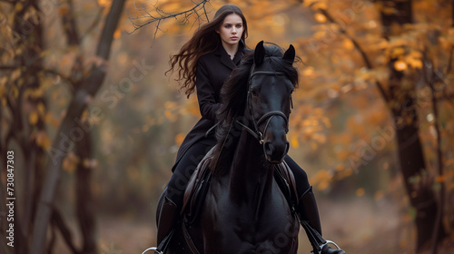 A girl riding a black horse