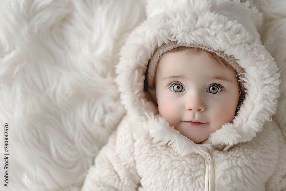 aby in Winter Snowsuit, Adorable Infant in White Fluffy Coat, Baby's First Snow Experience aby in Winter Snowsuit, Adorable Infant in White Fluffy Coat, Baby's First Snow Experience