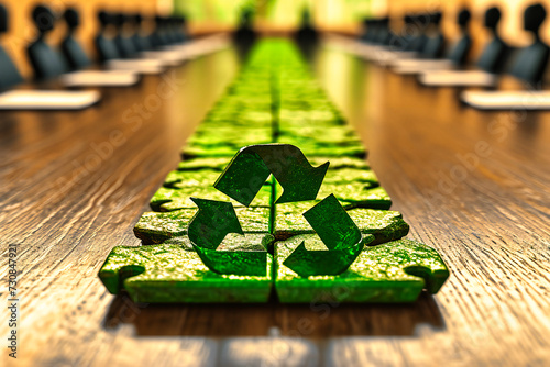 Recycle symbol on a wooden background surrounded by green grass, highlighting sustainable practices and the importance of environmental conservation