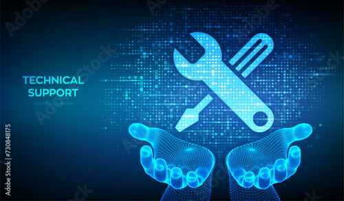 Technical support icon made with binary code in wireframe hands. Customer help. Online tech support. Customer service technology concept. Digital matrix background with digits 1.0. Vector Illustration